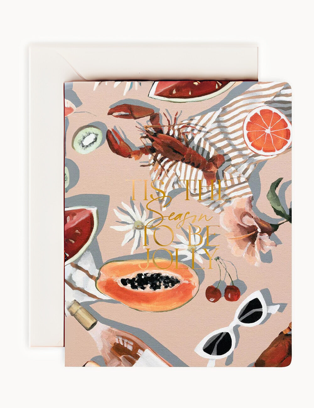 クリスマスカード | 活版印刷ホリデーカードと封筒セット | 薄ピンクのピクニック柄