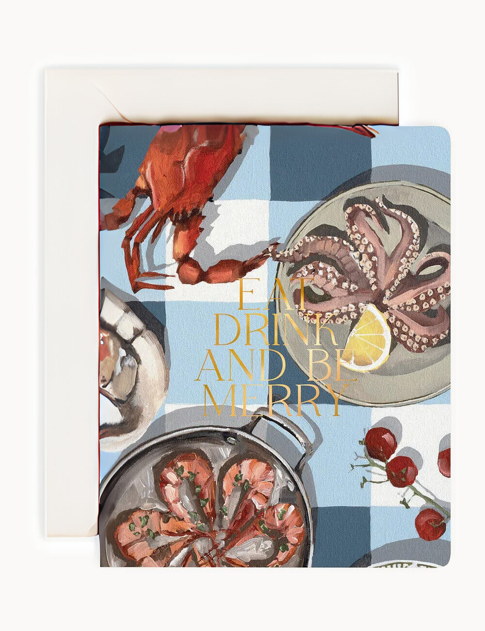 クリスマスカード | 活版印刷ホリデーカードと封筒セット | 水色のギンガムチェック柄