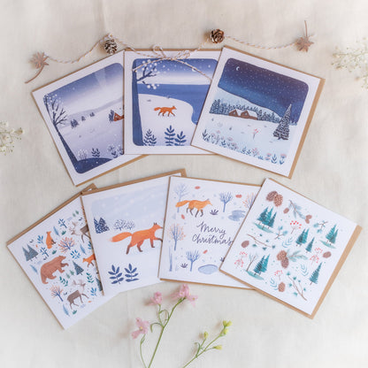 クリスマスカード  | グリーティングカード | 冬の風景とキツネのイラスト