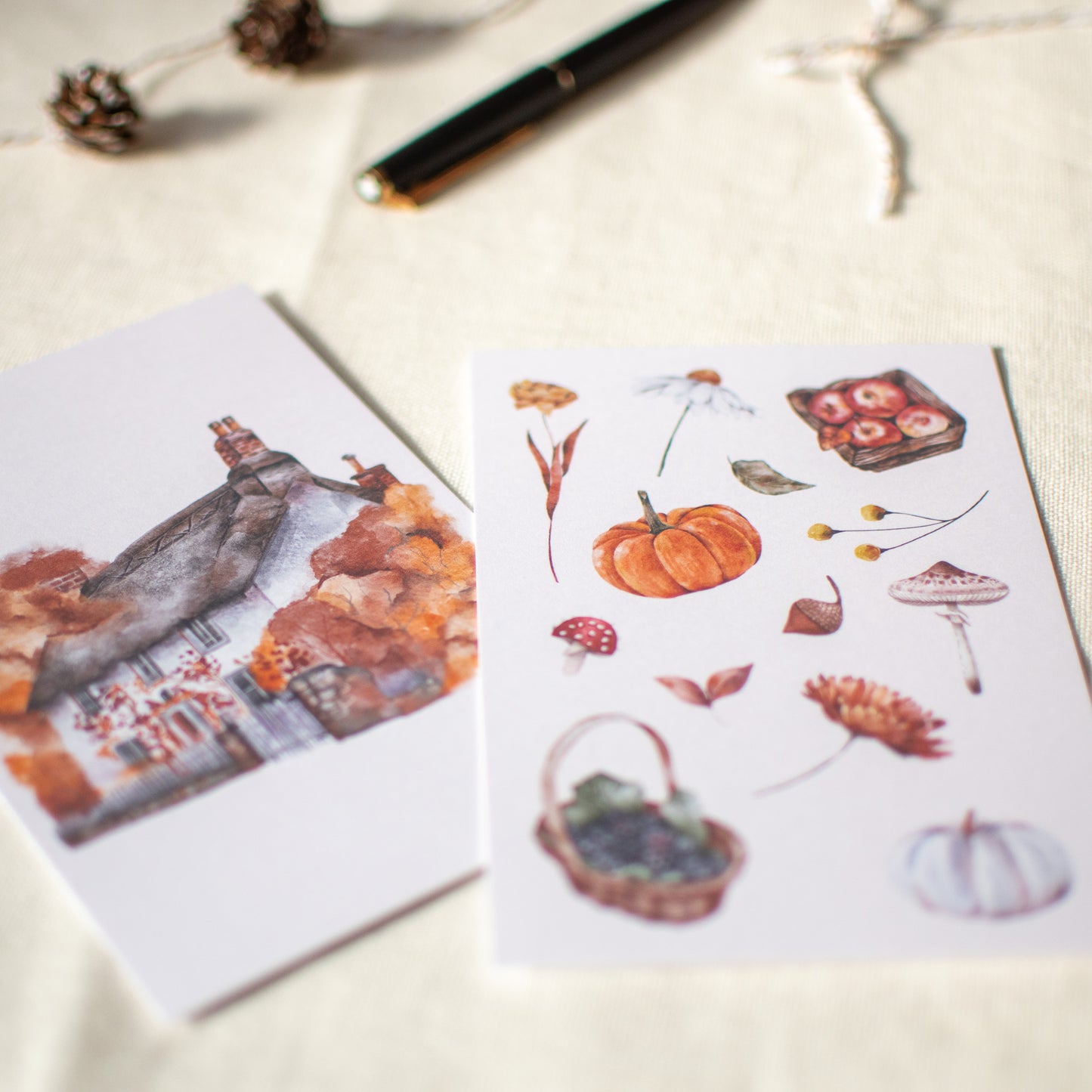 ポストカード4枚セット | 秋のイラスト | Cottage Harvest Autumn