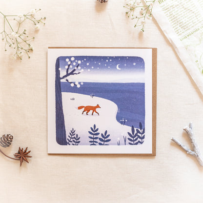 クリスマスカード  | グリーティングカード | 冬の風景とキツネのイラスト