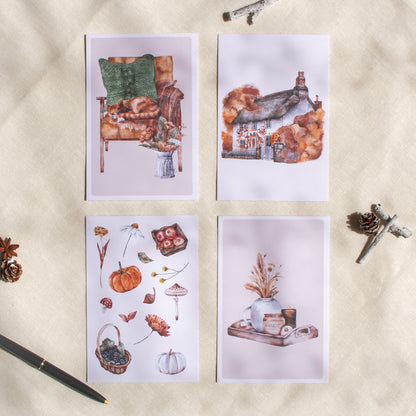 ポストカード4枚セット | 秋のイラスト | Cottage Harvest Autumn
