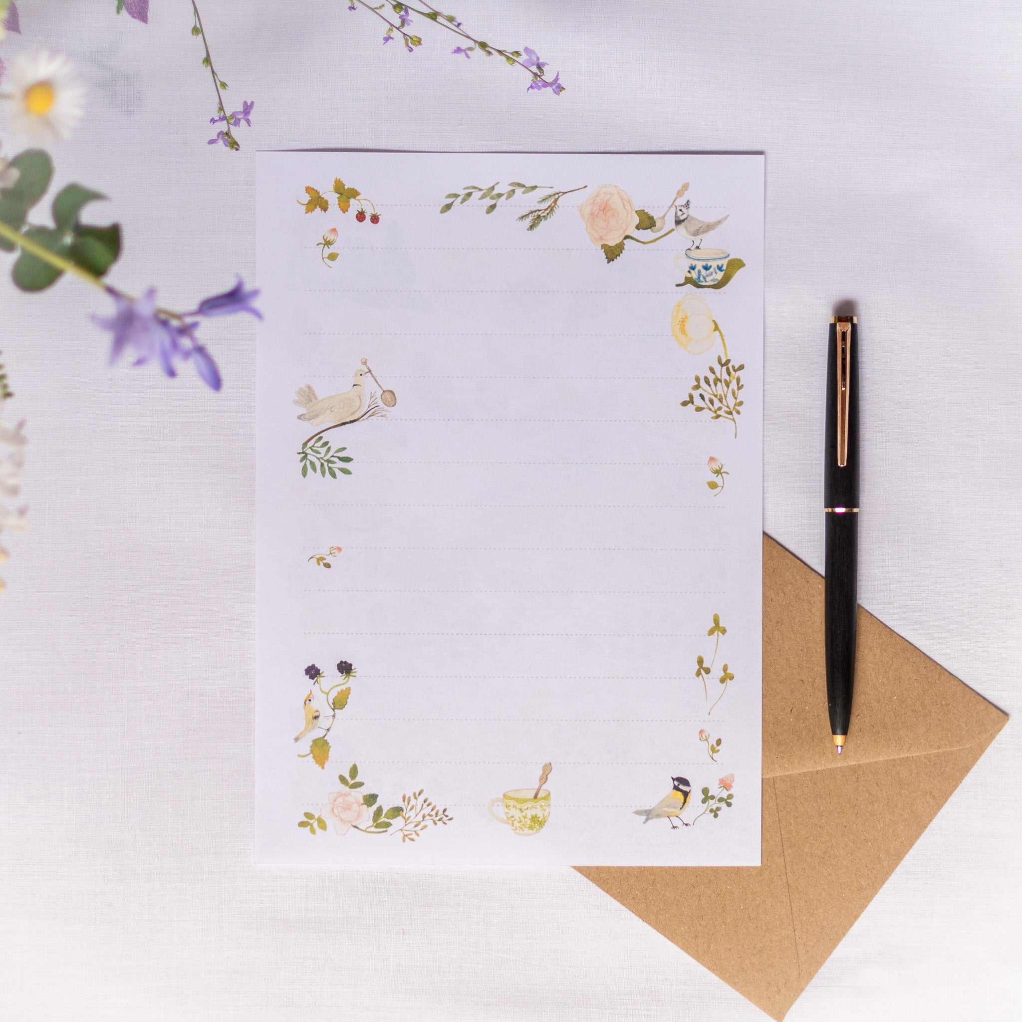 レターセット（手紙6枚/封筒3枚/シール3枚）-小鳥とバラと紅茶と 